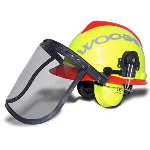 Preisvergleich Produktbild Forsthelm WOODSafe® Gelb / Rot inklusive Gehörschutz, Klappvisier, Nackenschutz - Schutzhelm für Waldarbeiter nach EN 397