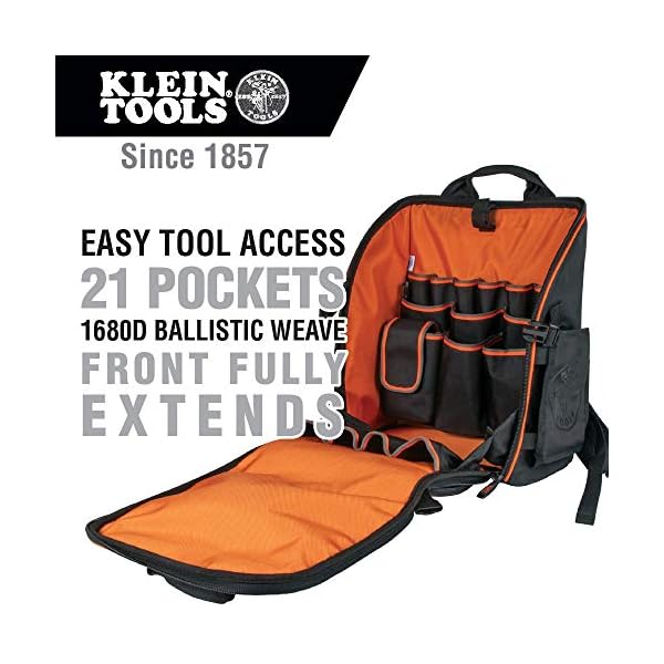 Klein Tools 55482 Werkzeugtasche Rucksack, robuster Tradesman Pro Werkzeug-Organizer mit 21 Taschen und großem… – Bild 3