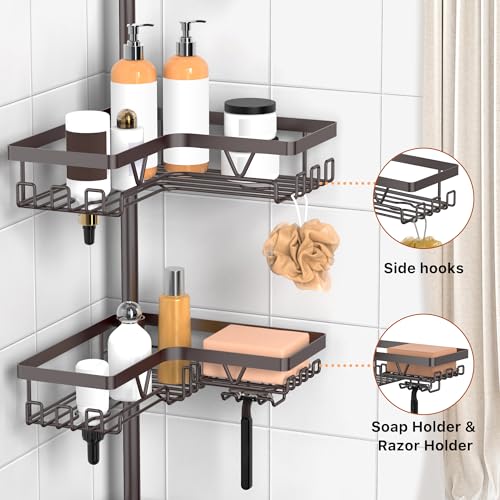 Image of KEGII 4-Tier Corner Shower Caddy Tension Pole - Waterproof Shower Rod Organizer, Floor to Ceiling Tension Rod 25-114.2 inch, Stainless Steel Corner Shower Shelf, Bronze