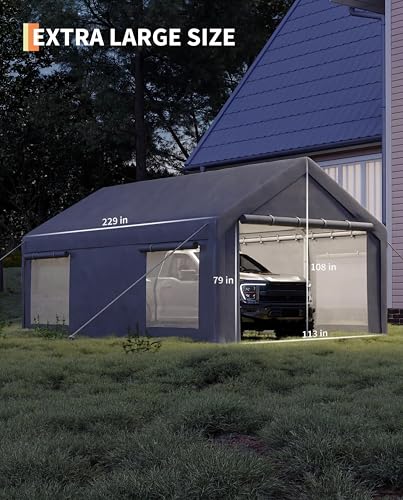 Image of GarveeLife 10x20 ft Portable Garage, Car Port with 200 g PE Tarp Cover, with Front & Rear Roll-Up Doors and 4 Windows, for Temporary Paint Booth, Boats&Pickups Shed, and Event Shelter, Gray