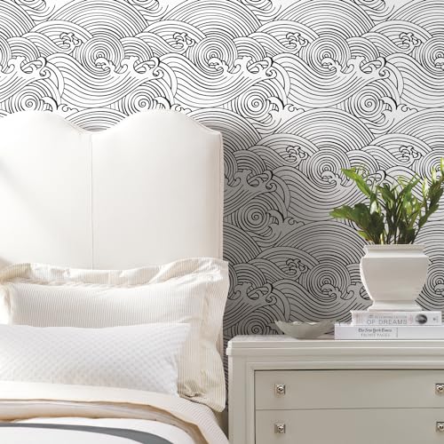 RoomMates Black and White Asian Waves Peel and Stick Wallpaper for Modern Home Decor  
RoomMates Black and White Asian W