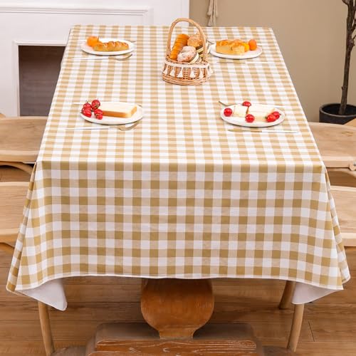 Image of Heavy Duty Vinyl Tablecloth with Flannel Backing Waterproof Oil-Proof Plastic Table Cloth Stain-Resistant Wipeable Rectangle or Square Table Cover for Indoor and Outdoor (Khaki Checkered, 60x84 Inch)
