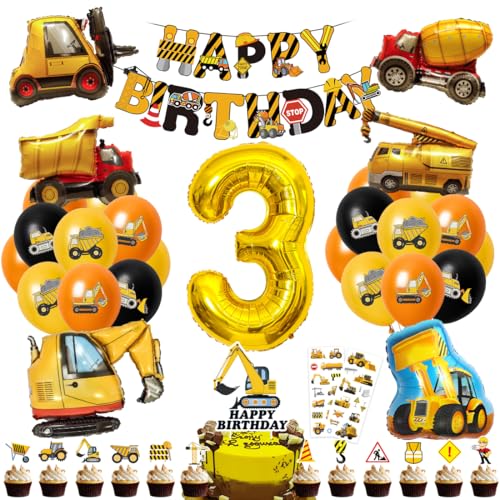 Balões de aniversário de construção 3 anos, escavadora decoração de aniversário para criança, aniversário 3 anos criança, balões de escavadora, balões temáticos de construção 3