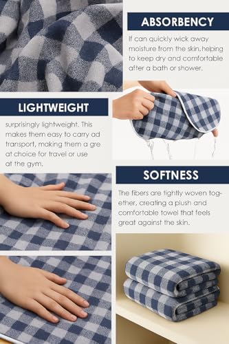 Image of Cortina Checks Printed Microfiber Towels for Bath Large Size-Super Soft Coral Fleece Bathing Towel with Hook Quick Dry Super Absorbent-Bath Towel for Men and Women-70x140 cm [Blue]