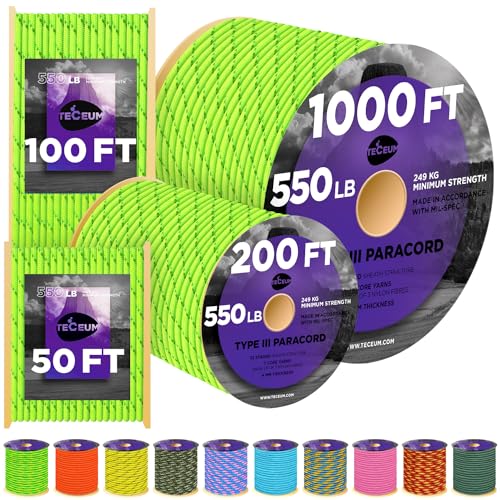 Image of TECEUM Reflective Paracord Rope 1000 - 1000ft /200ft /100ft /50ft - 40+ Colors - Glow in the Dark - para Cord - Utility Rope for Survival, Hunting & Camping Gear - Nylon String, Camping Rope, Tent Cord