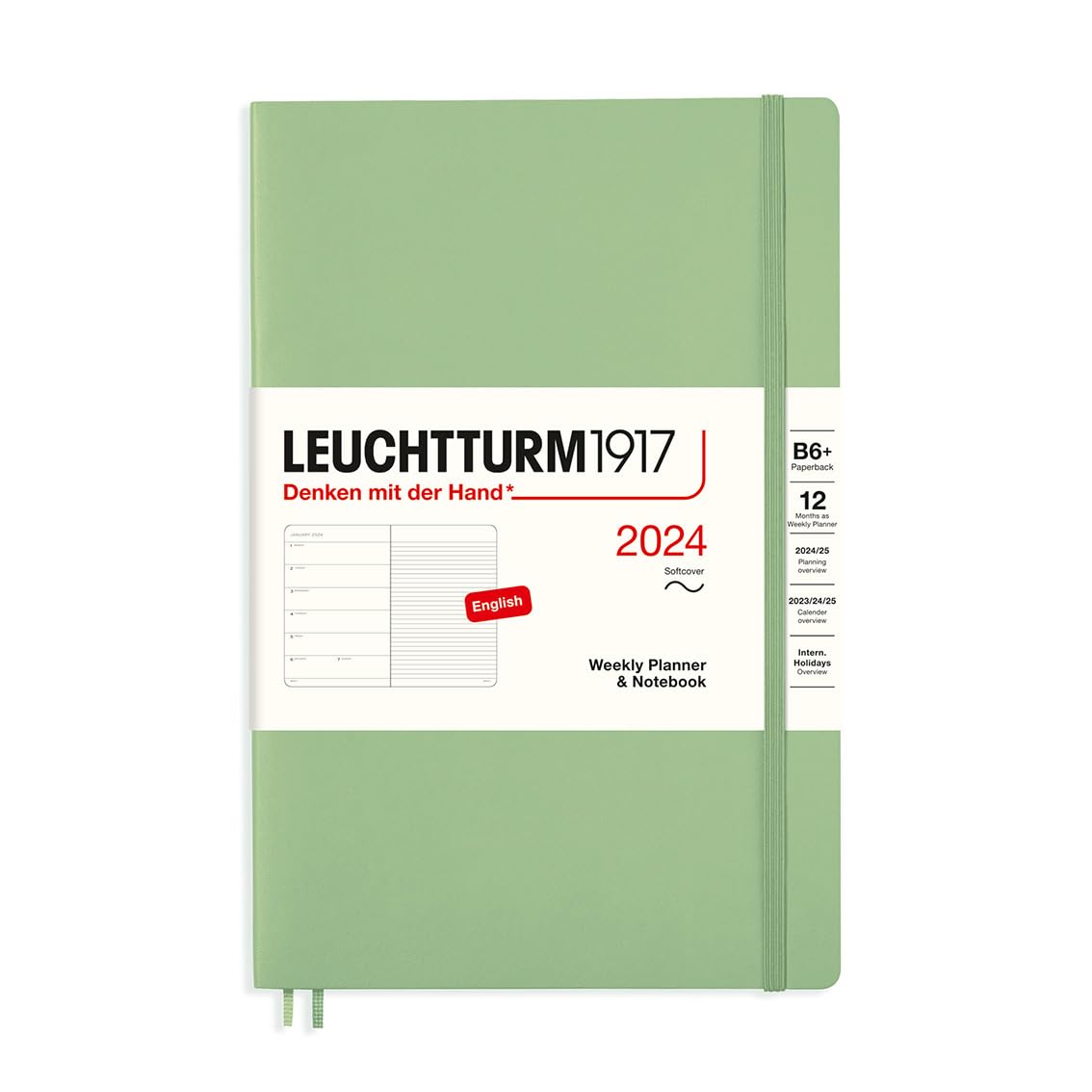 LEUCHTTURM1917 367816 Weekly Calendar & Notebook Softcover Paperback (B6+) 2024, 12 Months, Sage, English