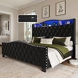 Belffin King Size Bed Frame and Headboard, 50.9' Velvet Upholstered Wingback Bedframe with LED Lights & Storage/Charging Station, Button Tufted Tall Footboard, No Box Spring Needed, Noise-Free, Black