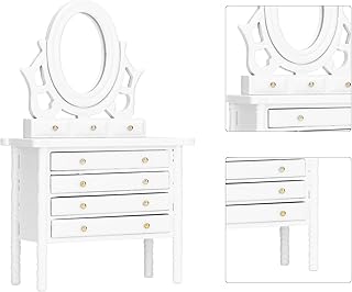 1:12 Scale Dollhouse Toilet Table, Elegant Makeup Miniature Dressing Table with Mirror (White)
