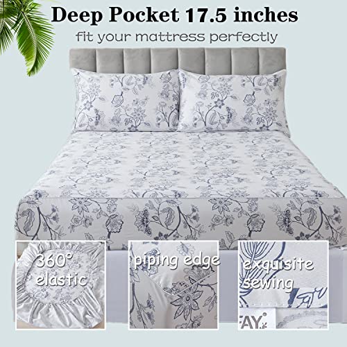 Fadfay Floral King Size Sheets Percale Cotton Classical Toile Sheets Luxury Light Blue Vintage Farmhouse Bedding Minimalist Chic Sheets Soft Crisp Breathable Deep Pocket Fitted Sheet 4 Pcs, King #TOP3