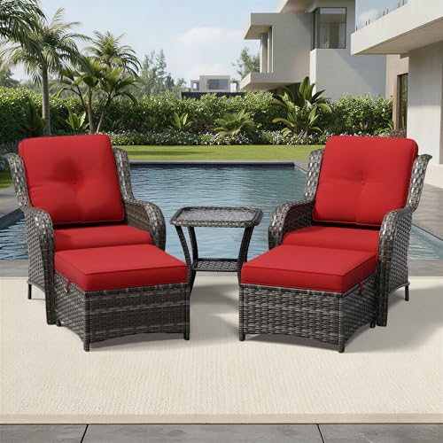 Image of Joyside 5 Piece Wicker Patio Furniture Set, Rattan Patio Chairs with High Back, Deep Seating, Wide Armrest, Thickened Cushions, Outdoor Furniture for Deck, Porch Use