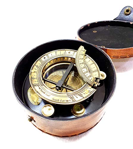 Brújula náutica antigua redonda de latón de 3" con grabado y caja de cuero marrón miniatura 2