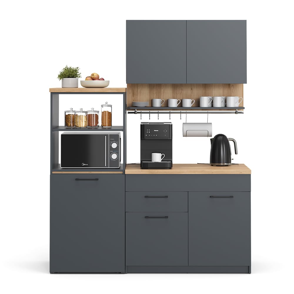 Vicco Küchenzeile Egbert, Anthrazit, 160 cm mit ausziehbarem Tisch, mit integriertem Tellertrockner und seitlichen Regalablagen
