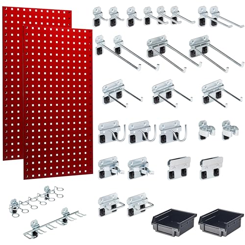 (2) 18 In. W x 36 In. H Red Steel Square Hole Pegboards with 30 pc. LocHook Assortment & Hanging Bin System