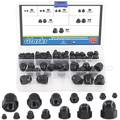 Glarks 100Pcs 7 Sizes Black Nylon Dome Acorn Bolt Cup Nuts Set, M3, M4, M5, M6, M8, M10, M12 Hex Protector Cap Assortment Kit for Protecting Hexagon Shaped Threads Rods Studs and Bolts Cover