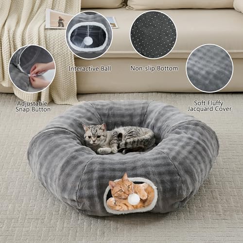 Image of Bubble Cat Tunnel for Indoor Cats, Round Peekaboo Cave Toy with Dangling Balls, Donut Tunnel Bed with Circle Mat for Puppy Kitten Rabbit, Grey