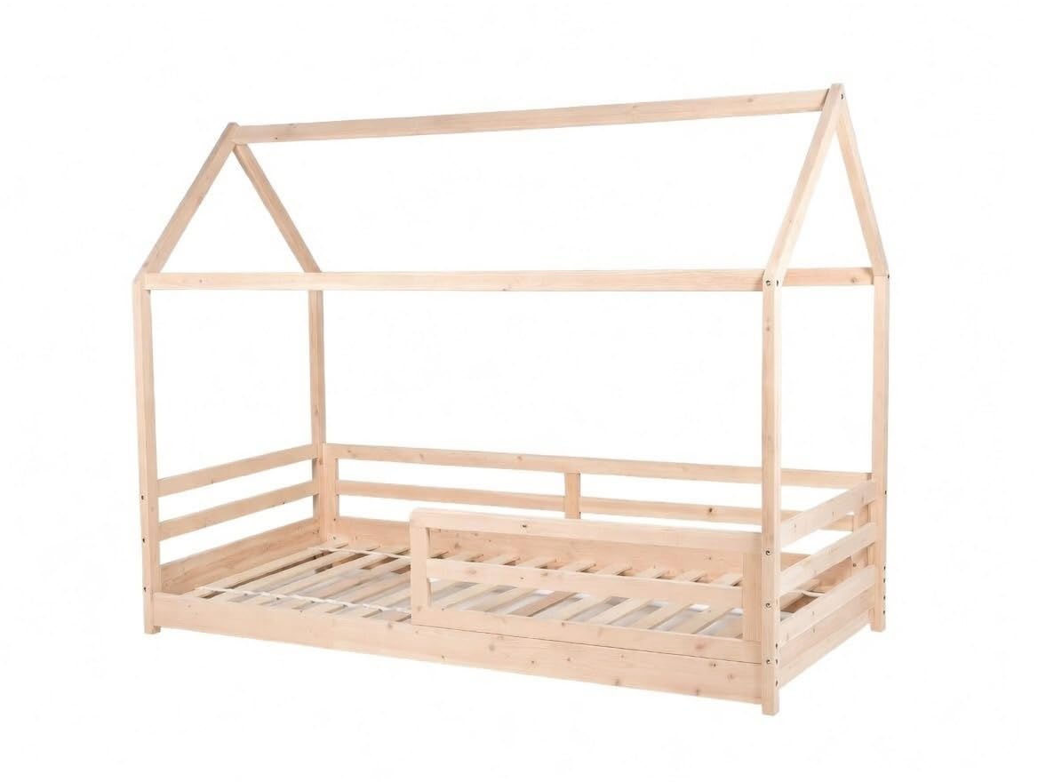 Letto capanna in legno di pino naturale per bambini, 90 x 190 cm, stile Montessori con barriere di sicurezza, design casa tenda