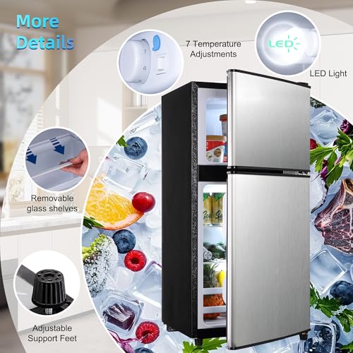 Image of Mini Fridge with Freezer, 4.0 Cu. Ft. Double-Door Mini Refrigerator with 7-Level Adjustable Thermostat & Adjustable Glass Shelves, Compact Dorm Fridge 37 dB Low Noise for Bedroom, Apartment, Silver