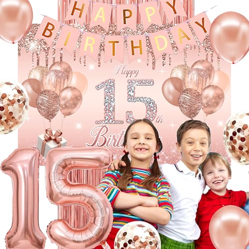 Image of 15th Birthday Decorations for Girls,Banner,Backdrop, it's my 15th Birthday Sash, Sweet Rhinestone Tiara Crown,Balloons