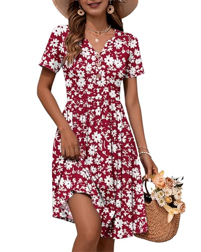 Image of WNEEDU Women V Neck Button Down Empire Waist Midi Summer Dress with Pockets
