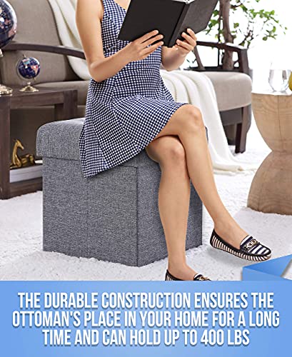 Ornavo Home Foldable Tufted Linen Storage Ottoman Square Cube Foot Rest Stool/Seat - 15" X 15" X 15" (Grey) #TOP5