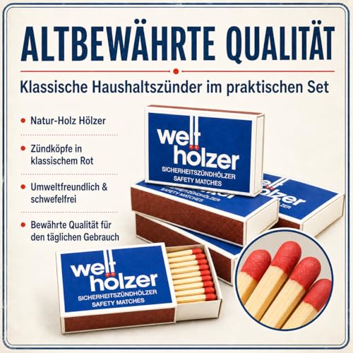 jameitop Streichhölzer 60 Schachteln WELTHÖLZER Haushaltszünder Zündholzschachtel Zündhölzer 2200 Stück Sicherheitszündhölzer, 44mm