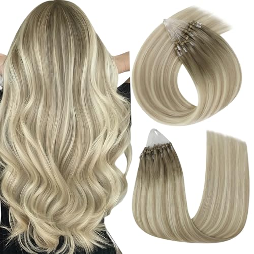 Image of Easyouth 18In Micro Link Hair Extensions Ombre, Cold Fusion Hair Extensions | Micro Loop Hair Extensions Real Human Hair Balayage, Ash Blonde to Platinum Blonde, 57g 50s, Natural Look, for Photoshoots