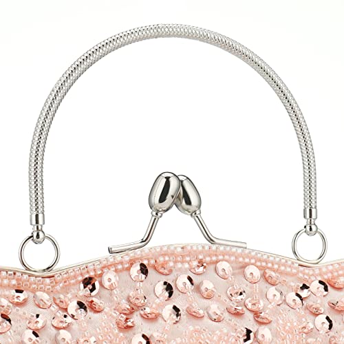 Vistatroy Floral Designer Evening Bag Beaded Sequin Design Vintage Kissing Lock Satin Clutch Purse Bag Wedding Party Clutch (Pink) #TOP4