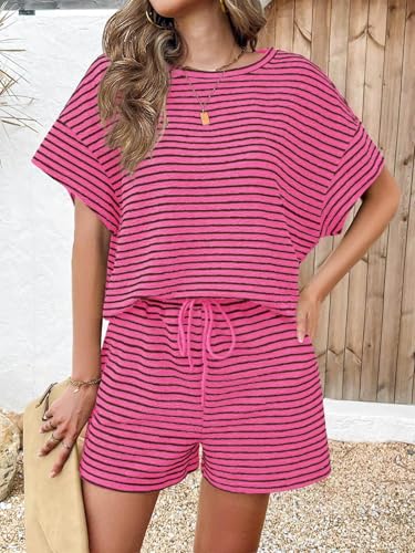 Image of Tankaneo Womens Pajama Sets Striped 2 Piece Lounge Sets Short Sleeve Oversized T Shirts Drawstring Shorts Matching Set
