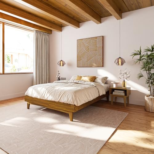 Image of Bme Catherine Queen Platform Bed Frame, Modern Bed Frame Without Headboard, Wooden Low Profile Bed Frame, Acacia Wood Platform Bed Frame, No Box Spring Needed, Supports up to 800lbs - Teak Brown