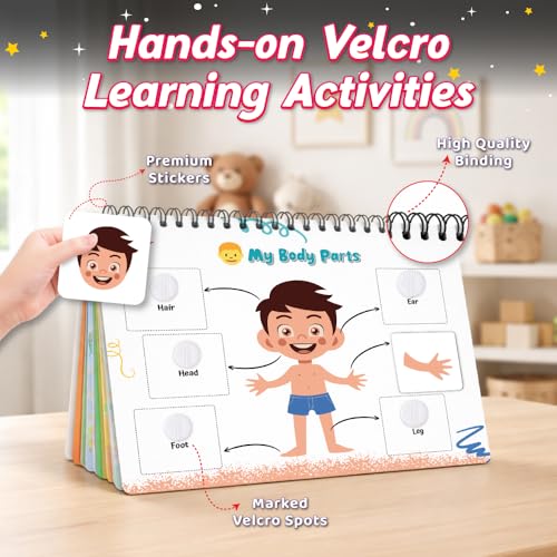 Image of Pick & Stick Velcro Learning Activity Book For Kids | Busy Book Level 1 For 2+ Years Old Toddlers | Montessori DIYs, Skill Builder, Numbers, Alphabets, Body Parts, Colors, Travel Vehicles, Kids Gifts