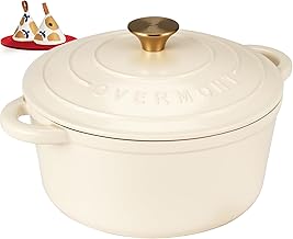 Overmont Enameled Cast Iron Dutch Oven - 5.5QT Pot with Lid Cookbook & Cotton Potholders - Heavy-Duty Cookware for Braising, Stews, Roasting, Bread Baking Cream White