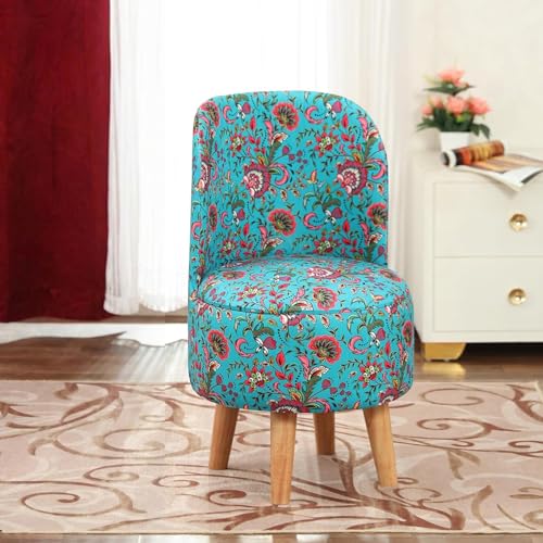 Image of NACIA Elegant Velvet Printed Ottoman Chair | Dressing Table Chair for Bedroom Makeup Room Decor | Modern Upholstered Ottoman with Wooden Legs for Living Room & Home (18x18x32 Inches, Blue)