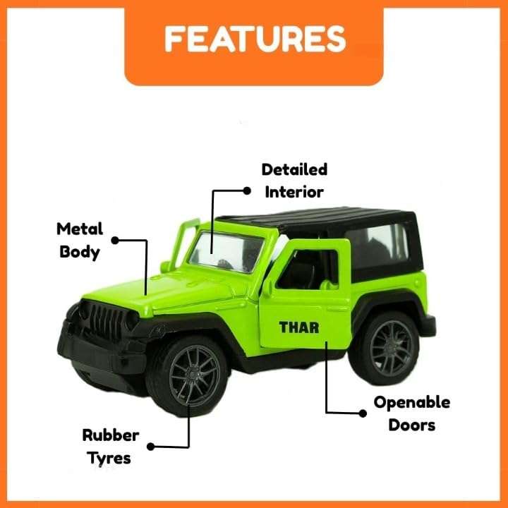 Image of Thar Diecast Matel Toy Car For Kids 1:32 Scale with Pull Back Action | Openable Doors Mini Jeep SUV Model Vehicle with Lights & Sound | Collectible Toy Car Gift for Kids Boys Girls 3+ Die Cast (Green)