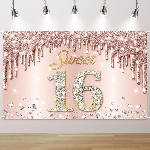 FeteFix Rose Gold Sweet 16 Banner - 72x44 Inch | Sweet 16 Backdrop for 16th Birthday Decorations for Girls sweet 16 decorations