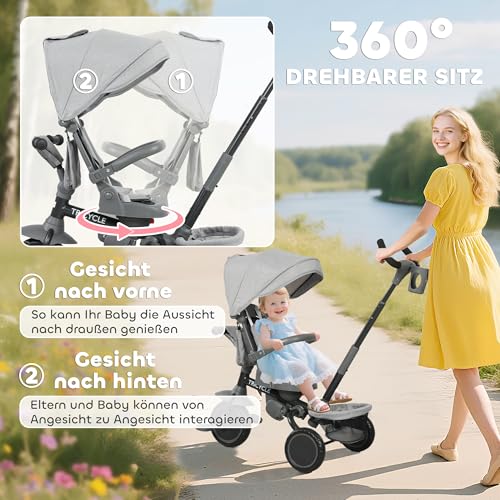 AIYAPLAY Dreirad 6in1 mit Schubstange für 1-5 Jahre Faltbar Kinderdreirad mit drehbarem Sitz, Korb, Tasche, Getränkehalter, klappbar Sonnendach, Sicherheitsgurt Grau