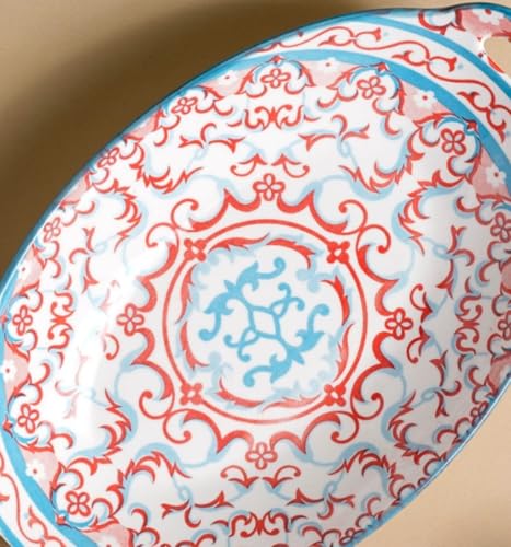 Image of Nestasia Set of 2 Red and Blue Mandala Design Ceramic Serving Dish with Handles for Snacks, Appetizers, Salads, and Noodles| Microwave Safe, Dishwasher Safe (10.8 Inch)