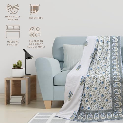 Image of TOAIArt Premium Jaipuri Dohar | AC Blanket Summer Quilt | Hand Block Printed | 3 Layers | Reversible | 150GSM 100% Mulmul Cotton | 100% Cotton Flannel Filling | Queen 90 inch X 108 inch |White Blue Florals