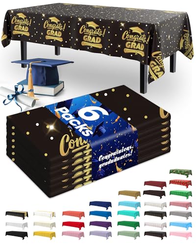 Image of Pureegg Graduation Plastic Table Cloth Disposable 6 Pack, 54 x 108 Inch | Graduation Party, Class of 2026, School Event, Waterproof, White Black, Table Cover