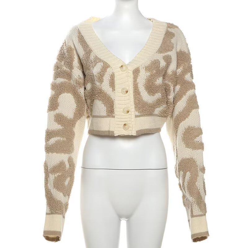 Image of ThusFar Women Fashion Button Down Colorblock Cardigan Sweaters Fall Slim Crop Outwear Open Front Knit Coat Streetwear