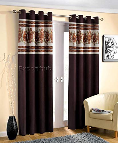 Image of Exporthub Fancy Plain Crush Polyester with Patch Design Eyelet Door Curtain (Brown, Length 7 Feet, 2 Piece, EHSPR704 74)