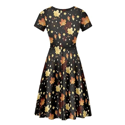 Image of POLERO Women Puffy Swing Elegant Party Midi Dresses Short Sleeve Round Neck A-Line Dress