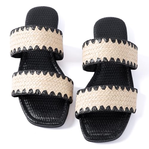 Image of Mtzyoa Women Flat Sandals Raffia Braided Summer Straw Dressy Casual Vacation Bohemian Cute Beach Comfy Slip On Slides