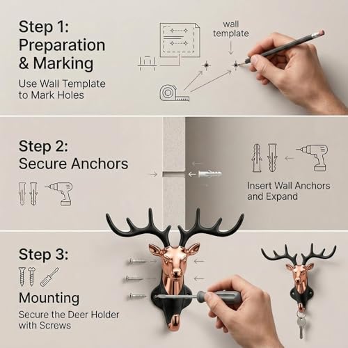 Image of Deer Head Wall Key Holder, Zinc Alloy Hanging Hooks, PVD Rose Gold Black Finish, Entryway Organiser, Home Decor, Pack of 1-| 3 Years Warranty |