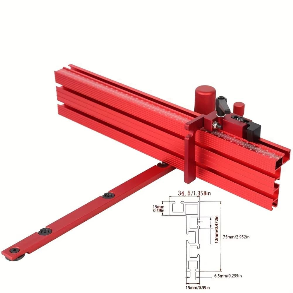 Precyzyjny aluminiowy miernik ukośny do pił stołowych, pasuje do gąsienic T 30 mm i 45 mm, ze skalą metryczną i ogranicznikiem, czerwony