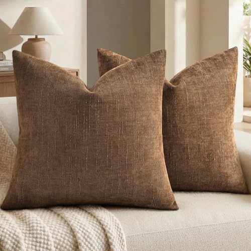 decorUhome Chenille Decorative Throw Pillow Covers 20x20 Set of 2, Bronze