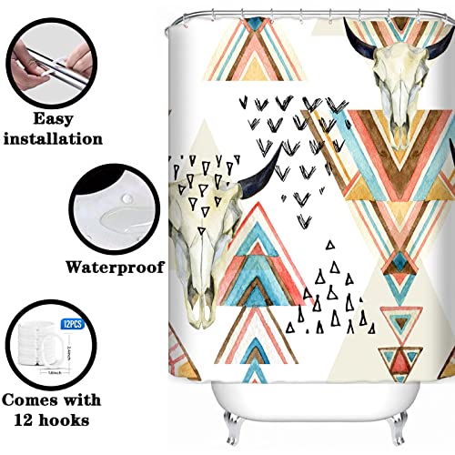 4 Pcs Shower Curtain Set, Western Aztec White Shower Curtain With Non-Slip Rugs, Toilet Lid Cover And Animal Skull And Geometric Bath Mat, Bathroom Sets Decorations 72" X 72" #TOP2