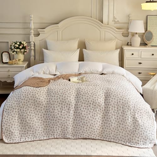 Image of Muslin Throw Blanket 100% Cotton 6-Layer Gauze Floral Pattern Cooling Blanket Lightweight Soft Breathable Quilt for All Season Both Sides for Sofa Couch (Leaves Tan, Throw 50 inchx60 inch)