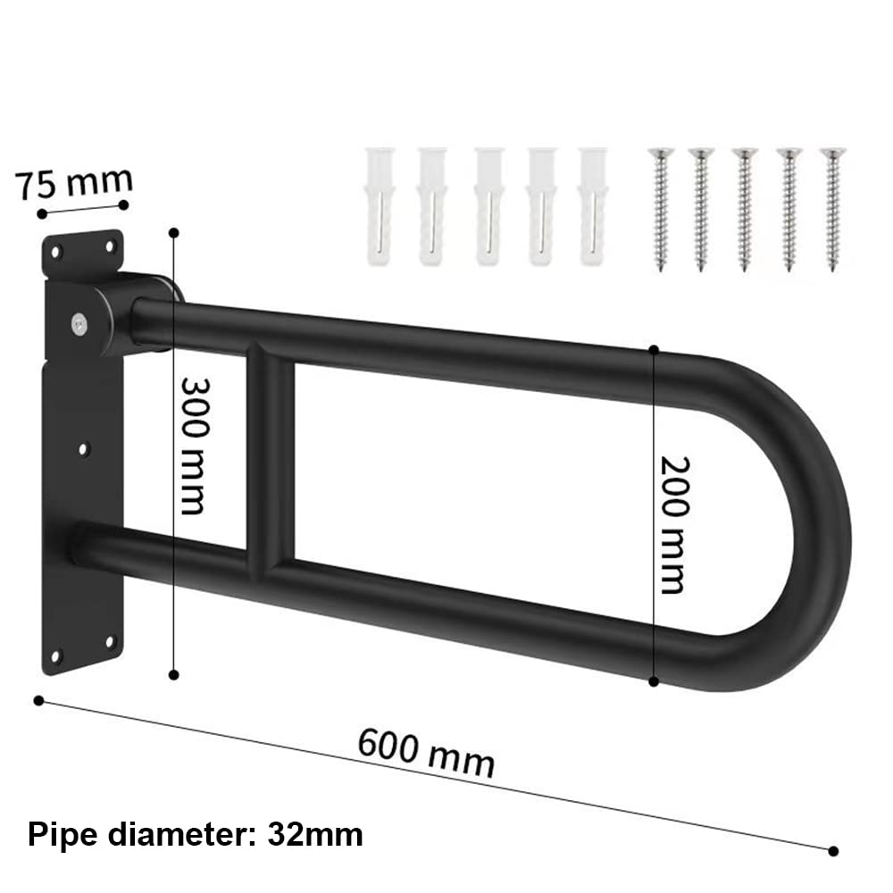 60cm Maniglione Ribaltabile da parete, Barra Di Sostegno Per WC, Maniglioni per Handicap pieghevole Maniglie di sicurezza antiscivolo Barra di supporto per WC da bagno per anziani e disabi(Color:Nero)