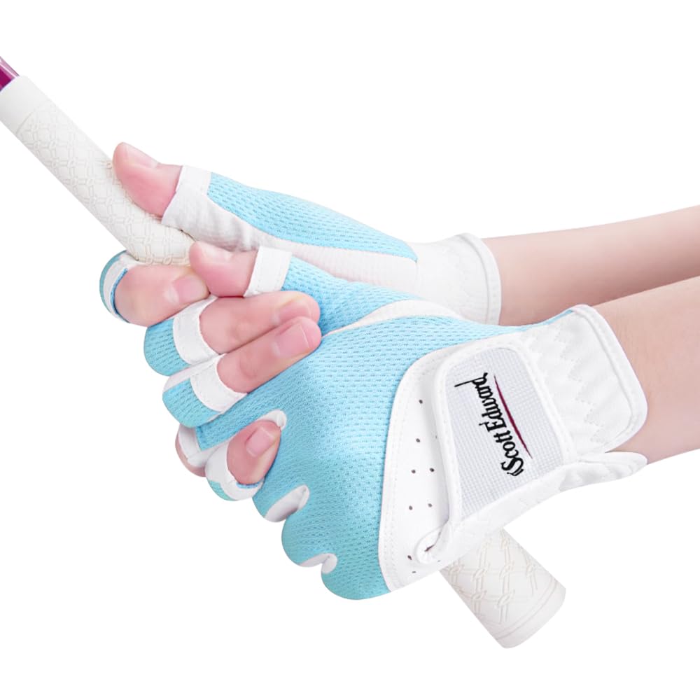 Scott Edward 1 Pair Open-finger Women's Golf Gloves 2 Pack Left Right Hand Lady Fingerless Golf Gloves PU and Microfiber Breathable Mesh Fabric Cool and Comfortable (Blue,21) - Image 3