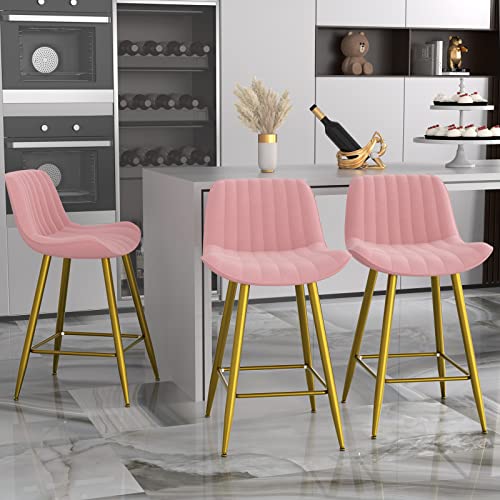 Sucrever Bar Stools Set Of 2, 24" Bar Chairs Velvet Upholstered Counter Height Bar Stools With Back Gold Metal Legs And Footrest, Modern Bar Stools Barstools For Kitchen Counter Bistro Pub, Pink #TOP7